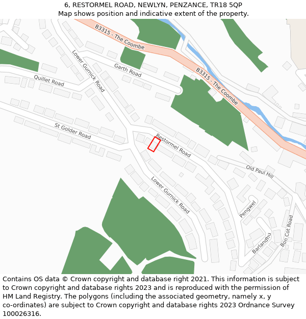 6, RESTORMEL ROAD, NEWLYN, PENZANCE, TR18 5QP: Location map and indicative extent of plot