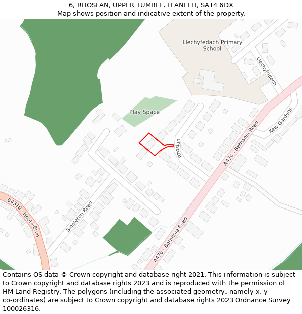 6, RHOSLAN, UPPER TUMBLE, LLANELLI, SA14 6DX: Location map and indicative extent of plot