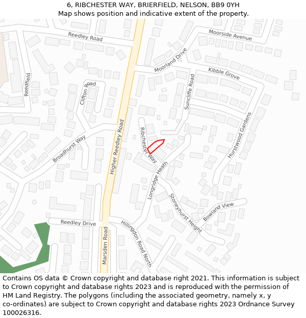6, RIBCHESTER WAY, BRIERFIELD, NELSON, BB9 0YH: Location map and indicative extent of plot