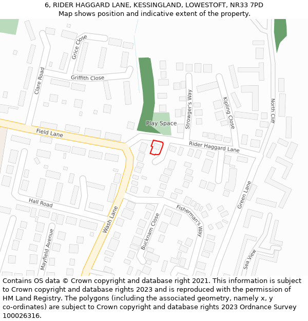 6, RIDER HAGGARD LANE, KESSINGLAND, LOWESTOFT, NR33 7PD: Location map and indicative extent of plot