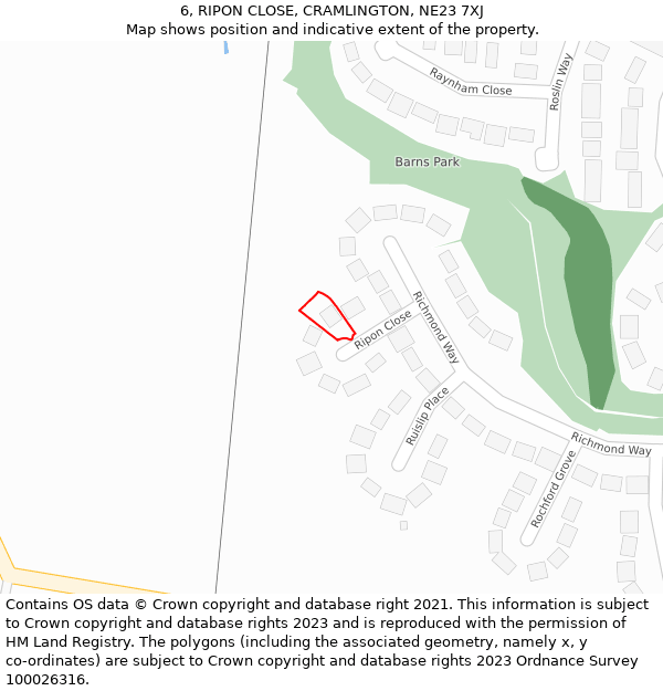 6, RIPON CLOSE, CRAMLINGTON, NE23 7XJ: Location map and indicative extent of plot