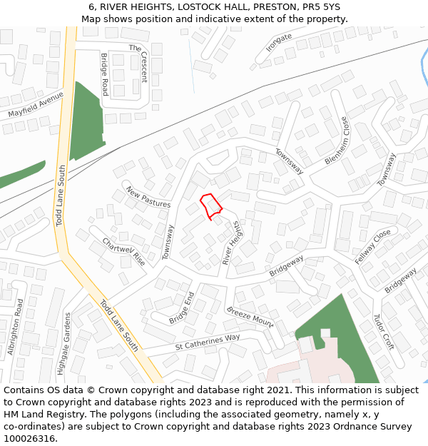 6, RIVER HEIGHTS, LOSTOCK HALL, PRESTON, PR5 5YS: Location map and indicative extent of plot