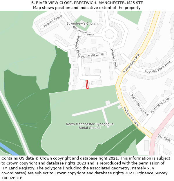 6, RIVER VIEW CLOSE, PRESTWICH, MANCHESTER, M25 9TE: Location map and indicative extent of plot