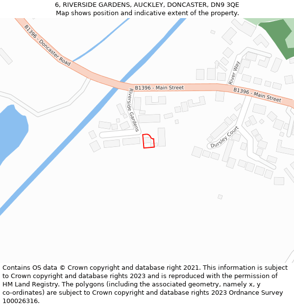 6, RIVERSIDE GARDENS, AUCKLEY, DONCASTER, DN9 3QE: Location map and indicative extent of plot