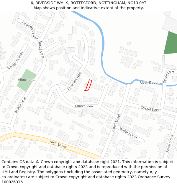 6, RIVERSIDE WALK, BOTTESFORD, NOTTINGHAM, NG13 0AT: Location map and indicative extent of plot