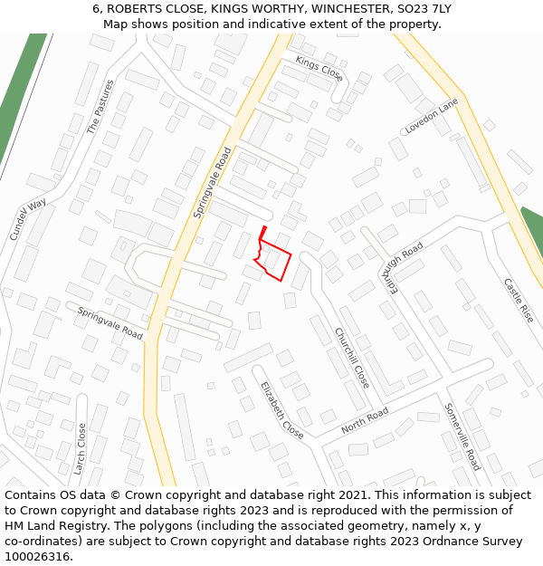 6, ROBERTS CLOSE, KINGS WORTHY, WINCHESTER, SO23 7LY: Location map and indicative extent of plot