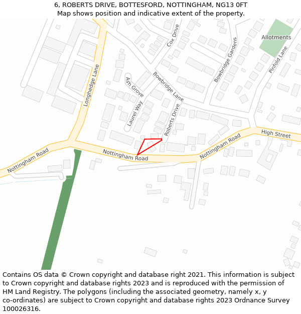 6, ROBERTS DRIVE, BOTTESFORD, NOTTINGHAM, NG13 0FT: Location map and indicative extent of plot