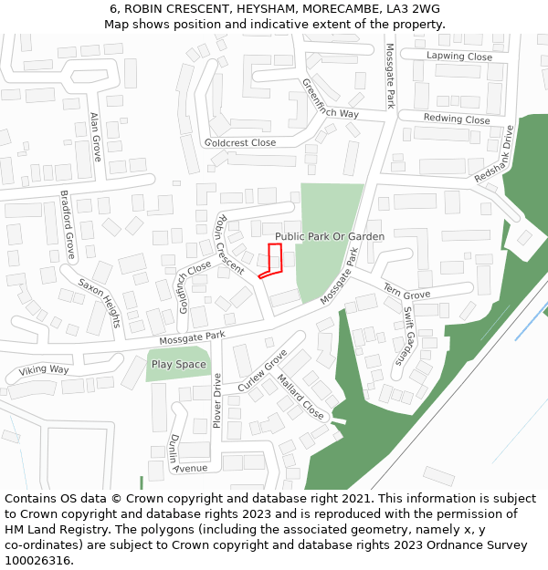 6, ROBIN CRESCENT, HEYSHAM, MORECAMBE, LA3 2WG: Location map and indicative extent of plot