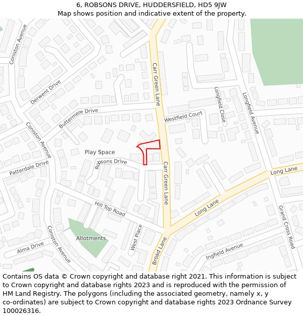 6, ROBSONS DRIVE, HUDDERSFIELD, HD5 9JW: Location map and indicative extent of plot