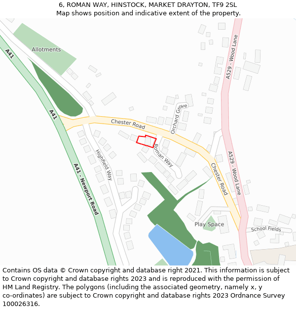 6, ROMAN WAY, HINSTOCK, MARKET DRAYTON, TF9 2SL: Location map and indicative extent of plot