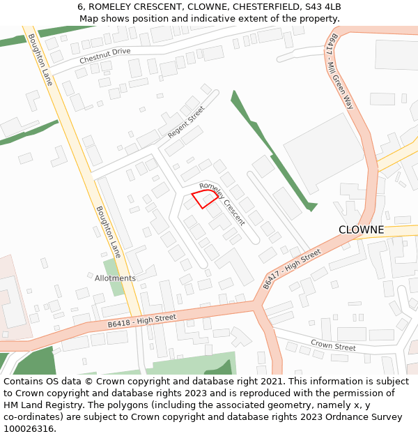 6, ROMELEY CRESCENT, CLOWNE, CHESTERFIELD, S43 4LB: Location map and indicative extent of plot