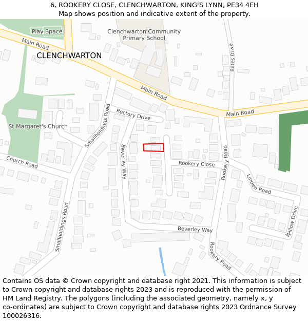 6, ROOKERY CLOSE, CLENCHWARTON, KING'S LYNN, PE34 4EH: Location map and indicative extent of plot