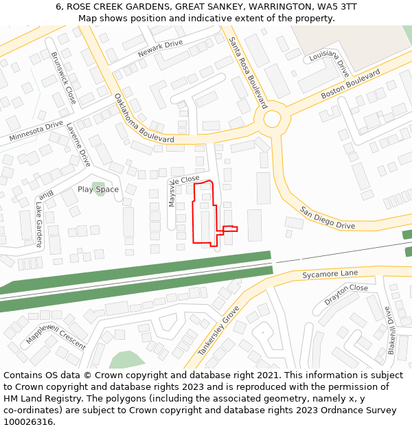 6, ROSE CREEK GARDENS, GREAT SANKEY, WARRINGTON, WA5 3TT: Location map and indicative extent of plot