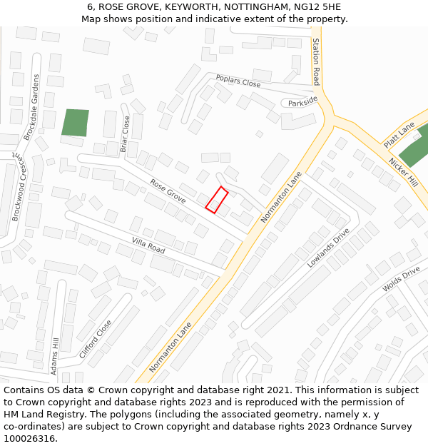 6, ROSE GROVE, KEYWORTH, NOTTINGHAM, NG12 5HE: Location map and indicative extent of plot