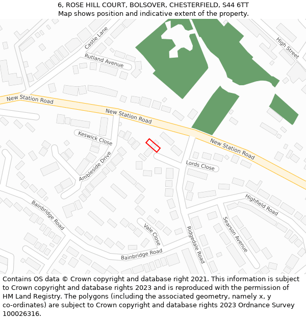 6, ROSE HILL COURT, BOLSOVER, CHESTERFIELD, S44 6TT: Location map and indicative extent of plot