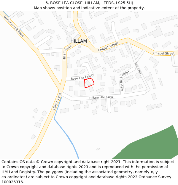 6, ROSE LEA CLOSE, HILLAM, LEEDS, LS25 5HJ: Location map and indicative extent of plot