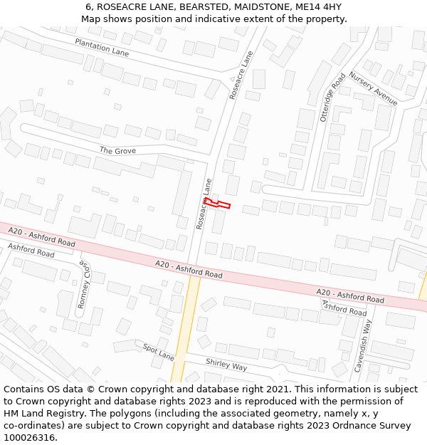 6, ROSEACRE LANE, BEARSTED, MAIDSTONE, ME14 4HY: Location map and indicative extent of plot