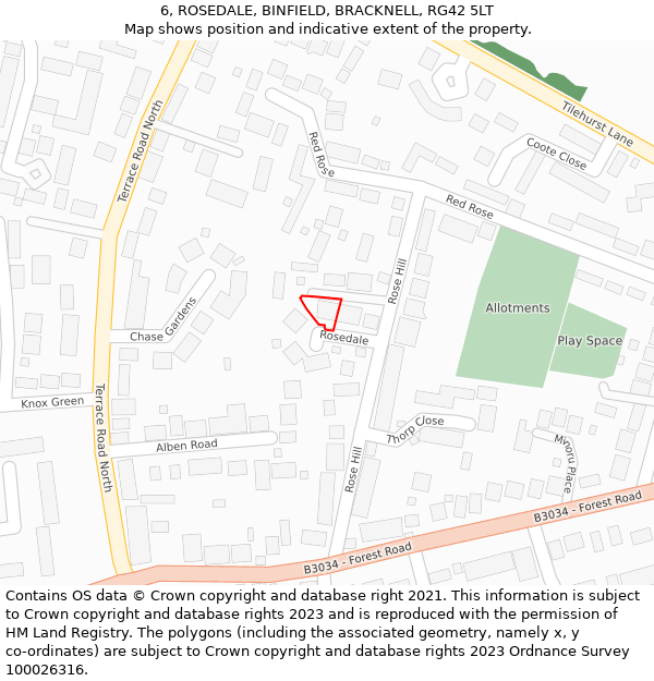 6, ROSEDALE, BINFIELD, BRACKNELL, RG42 5LT: Location map and indicative extent of plot