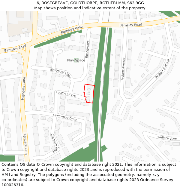 6, ROSEGREAVE, GOLDTHORPE, ROTHERHAM, S63 9GG: Location map and indicative extent of plot