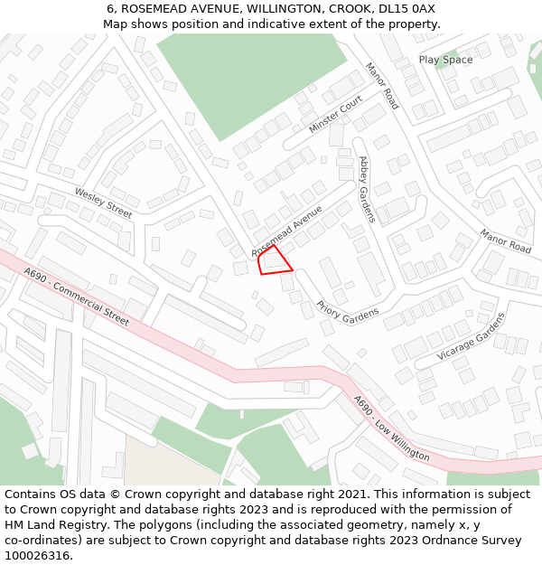 6, ROSEMEAD AVENUE, WILLINGTON, CROOK, DL15 0AX: Location map and indicative extent of plot