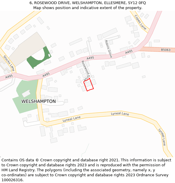 6, ROSEWOOD DRIVE, WELSHAMPTON, ELLESMERE, SY12 0FQ: Location map and indicative extent of plot