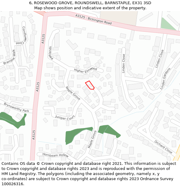 6, ROSEWOOD GROVE, ROUNDSWELL, BARNSTAPLE, EX31 3SD: Location map and indicative extent of plot