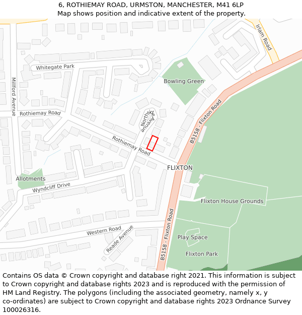 6, ROTHIEMAY ROAD, URMSTON, MANCHESTER, M41 6LP: Location map and indicative extent of plot