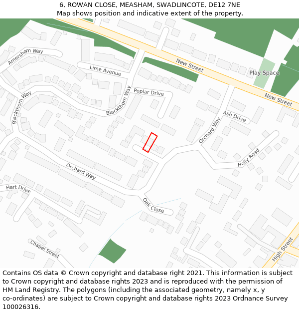 6, ROWAN CLOSE, MEASHAM, SWADLINCOTE, DE12 7NE: Location map and indicative extent of plot