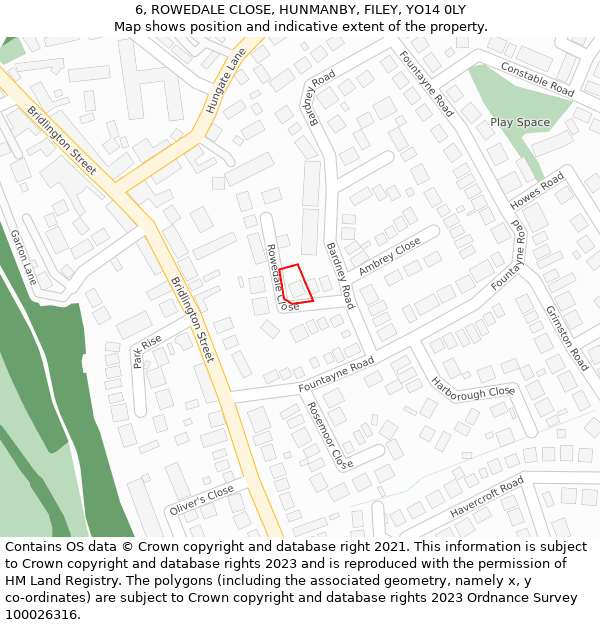 6, ROWEDALE CLOSE, HUNMANBY, FILEY, YO14 0LY: Location map and indicative extent of plot