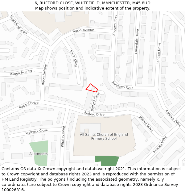 6, RUFFORD CLOSE, WHITEFIELD, MANCHESTER, M45 8UD: Location map and indicative extent of plot