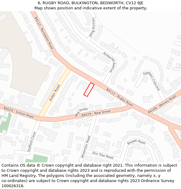 6, RUGBY ROAD, BULKINGTON, BEDWORTH, CV12 9JE: Location map and indicative extent of plot