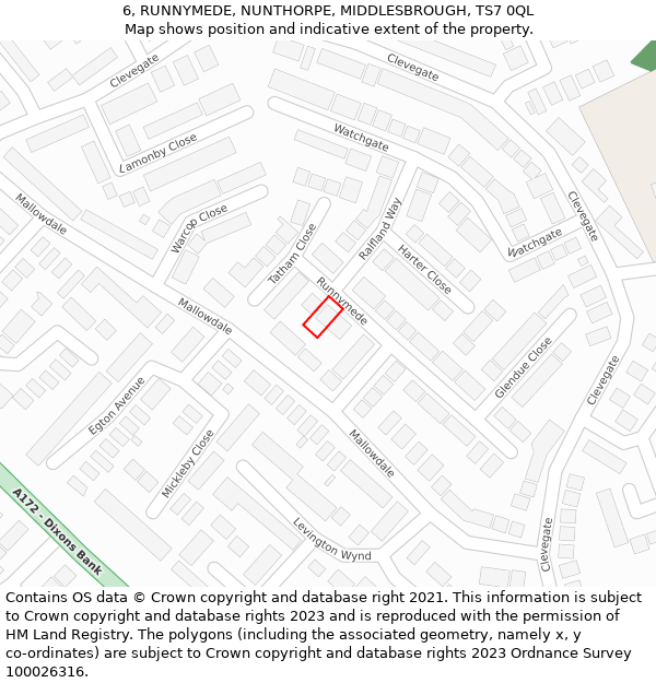6, RUNNYMEDE, NUNTHORPE, MIDDLESBROUGH, TS7 0QL: Location map and indicative extent of plot