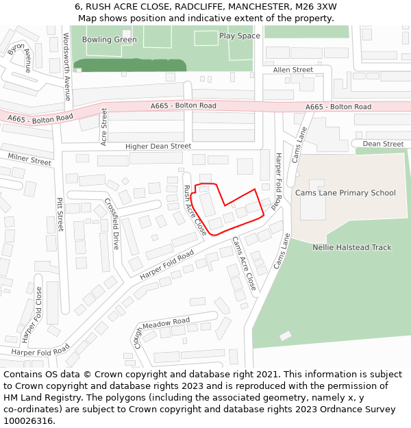 6, RUSH ACRE CLOSE, RADCLIFFE, MANCHESTER, M26 3XW: Location map and indicative extent of plot