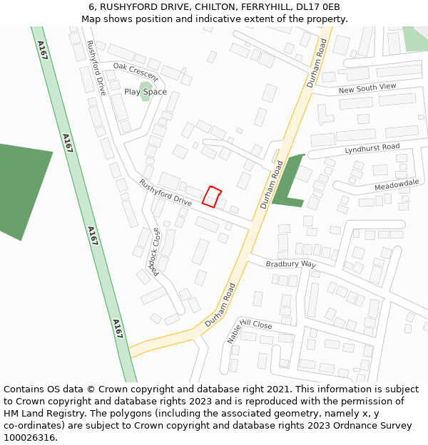 6, RUSHYFORD DRIVE, CHILTON, FERRYHILL, DL17 0EB: Location map and indicative extent of plot
