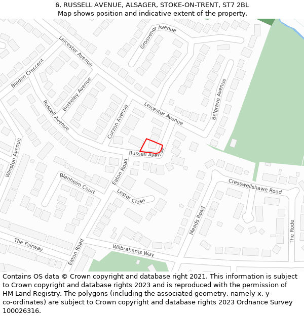 6, RUSSELL AVENUE, ALSAGER, STOKE-ON-TRENT, ST7 2BL: Location map and indicative extent of plot