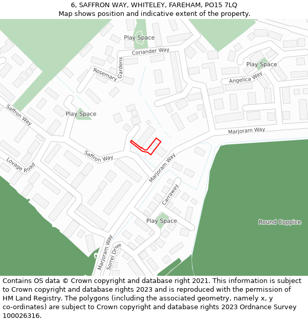 6, SAFFRON WAY, WHITELEY, FAREHAM, PO15 7LQ: Location map and indicative extent of plot