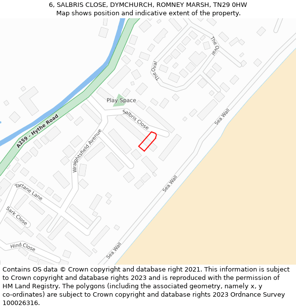 6, SALBRIS CLOSE, DYMCHURCH, ROMNEY MARSH, TN29 0HW: Location map and indicative extent of plot