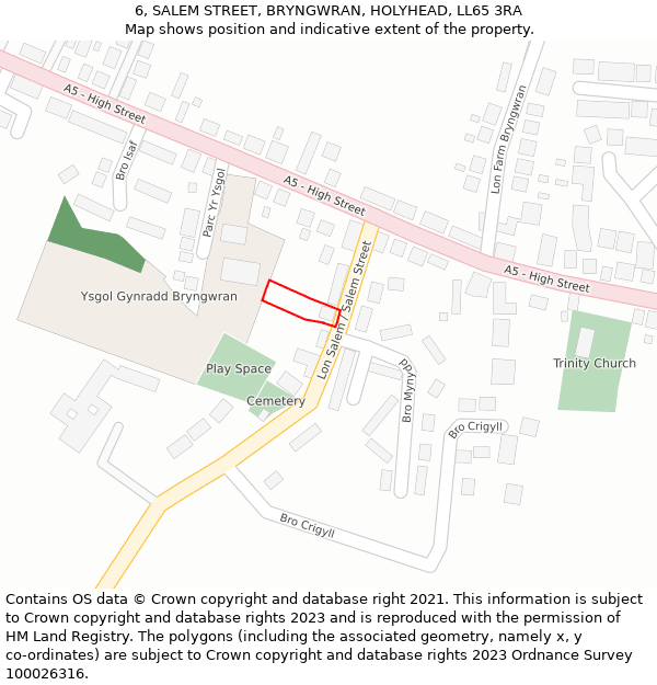 6, SALEM STREET, BRYNGWRAN, HOLYHEAD, LL65 3RA: Location map and indicative extent of plot