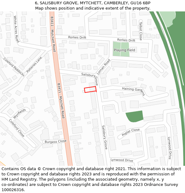 6, SALISBURY GROVE, MYTCHETT, CAMBERLEY, GU16 6BP: Location map and indicative extent of plot