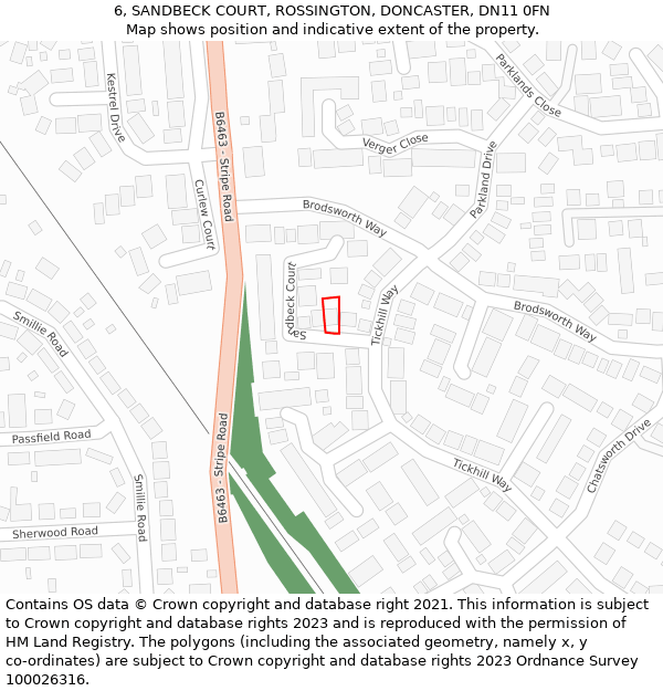 6, SANDBECK COURT, ROSSINGTON, DONCASTER, DN11 0FN: Location map and indicative extent of plot