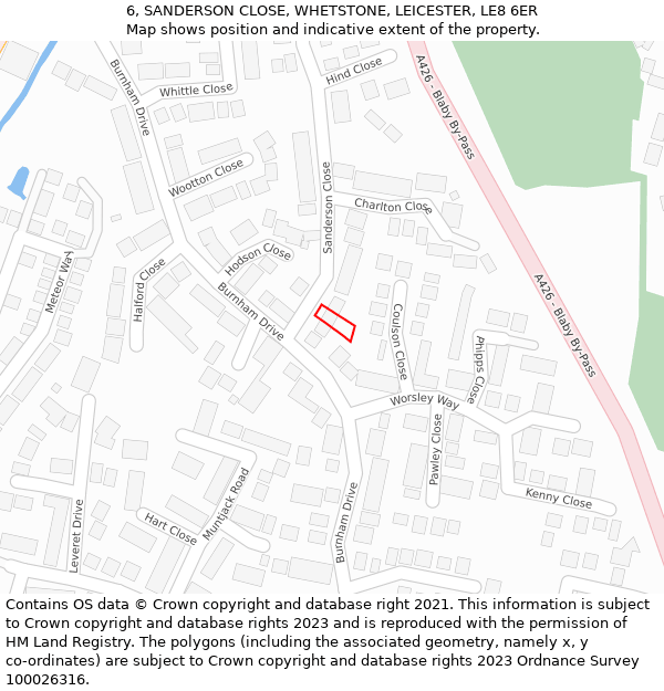 6, SANDERSON CLOSE, WHETSTONE, LEICESTER, LE8 6ER: Location map and indicative extent of plot