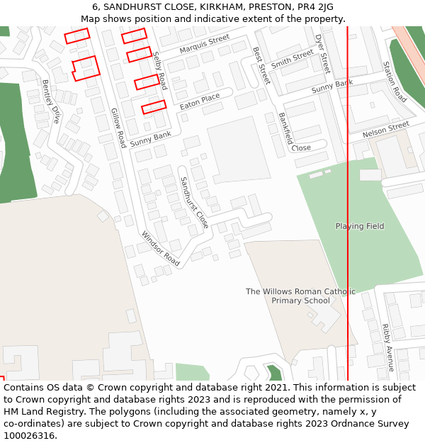 6, SANDHURST CLOSE, KIRKHAM, PRESTON, PR4 2JG: Location map and indicative extent of plot