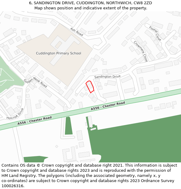 6, SANDINGTON DRIVE, CUDDINGTON, NORTHWICH, CW8 2ZD: Location map and indicative extent of plot