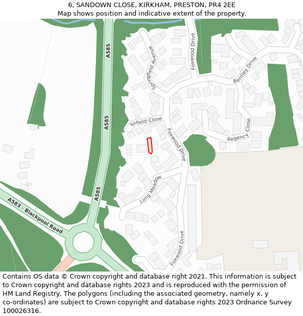 6, SANDOWN CLOSE, KIRKHAM, PRESTON, PR4 2EE: Location map and indicative extent of plot