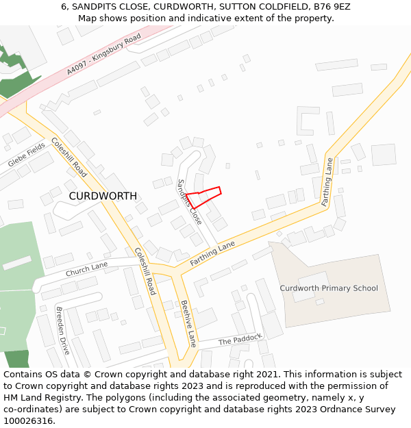 6, SANDPITS CLOSE, CURDWORTH, SUTTON COLDFIELD, B76 9EZ: Location map and indicative extent of plot