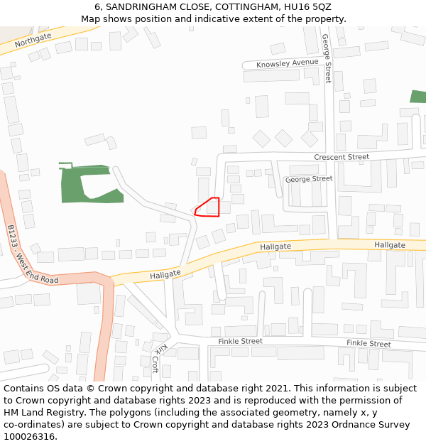6, SANDRINGHAM CLOSE, COTTINGHAM, HU16 5QZ: Location map and indicative extent of plot