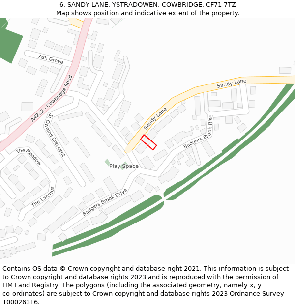 6, SANDY LANE, YSTRADOWEN, COWBRIDGE, CF71 7TZ: Location map and indicative extent of plot