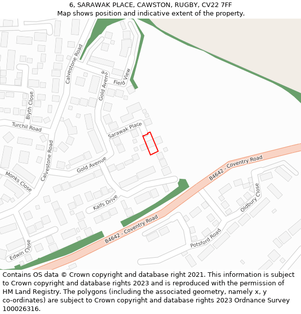 6, SARAWAK PLACE, CAWSTON, RUGBY, CV22 7FF: Location map and indicative extent of plot