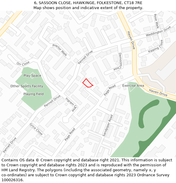 6, SASSOON CLOSE, HAWKINGE, FOLKESTONE, CT18 7RE: Location map and indicative extent of plot