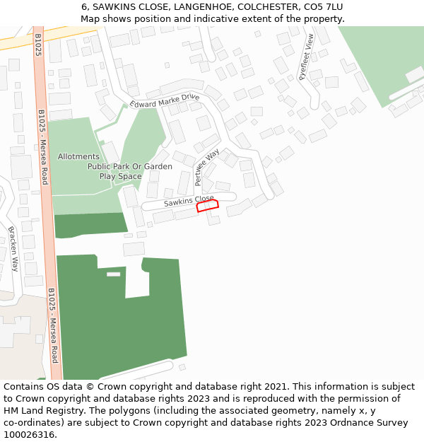 6, SAWKINS CLOSE, LANGENHOE, COLCHESTER, CO5 7LU: Location map and indicative extent of plot